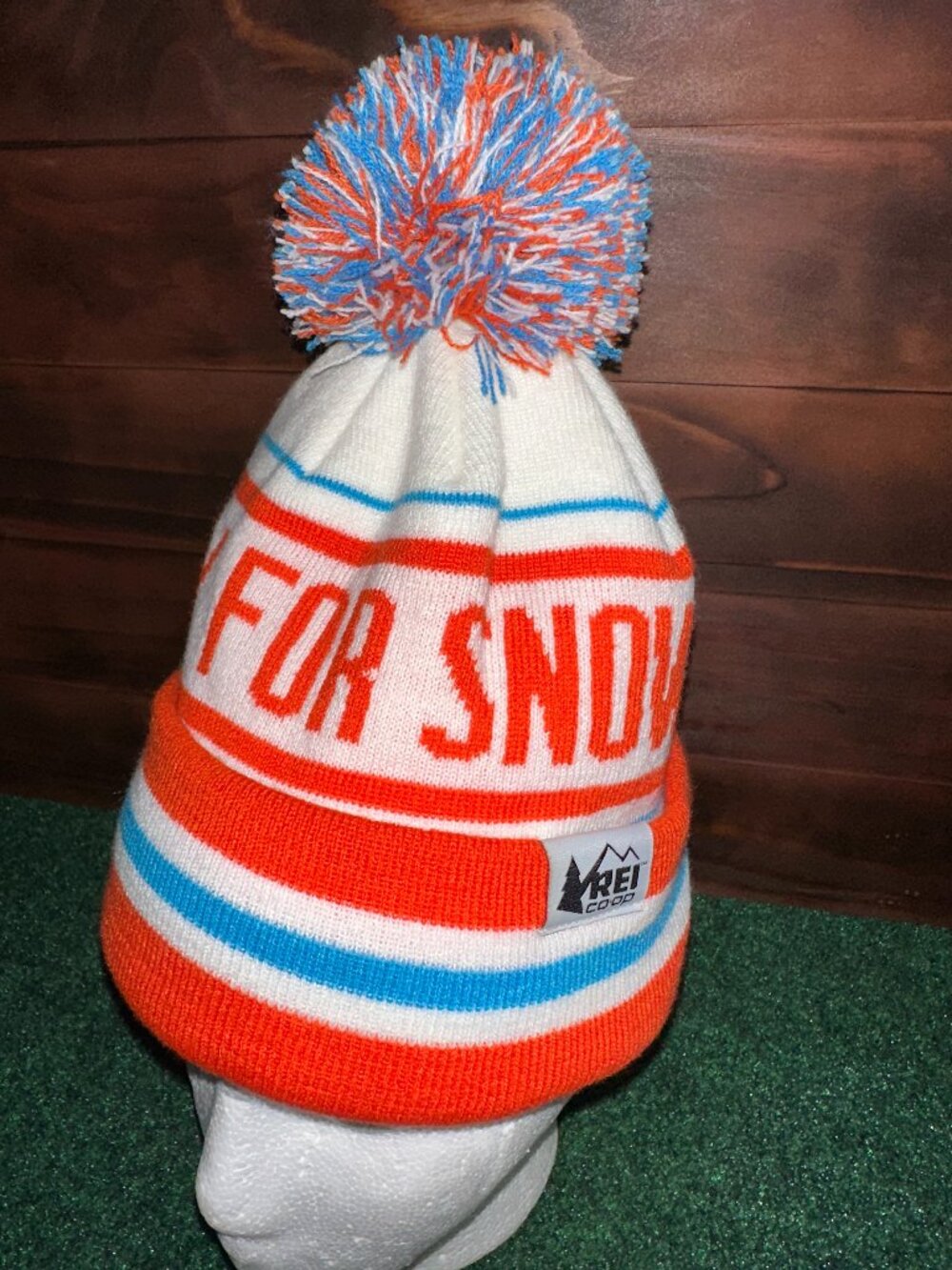 REI Co-op Pray for Snow Striped Pom Pom Beanie Hat White Orange Blue One Size